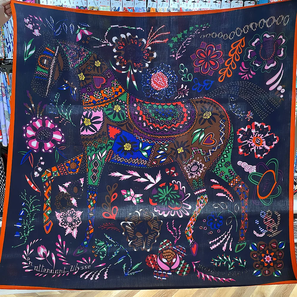 

135CM Cashmere Scarf Women Manual Hand Rolled Shawls Jungle Horse Square Scarves Wrap Bandana Luxury Brand Hijab Female Foulards