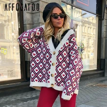 Afogatoo, вязаный кардиган с принтом в виде сердца, Женский однобортный свитер, кардиган, Осень-зима, негабаритный кардиган, джемпер