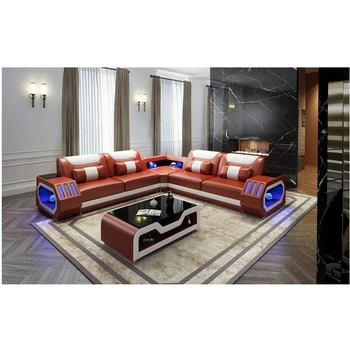 

Modern living room furniture leather sofa set with LED lights