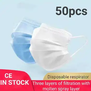 

Mask disposable white blue dustproof breathable non-woven fusible spray cloth three layers of protection for adult men and women