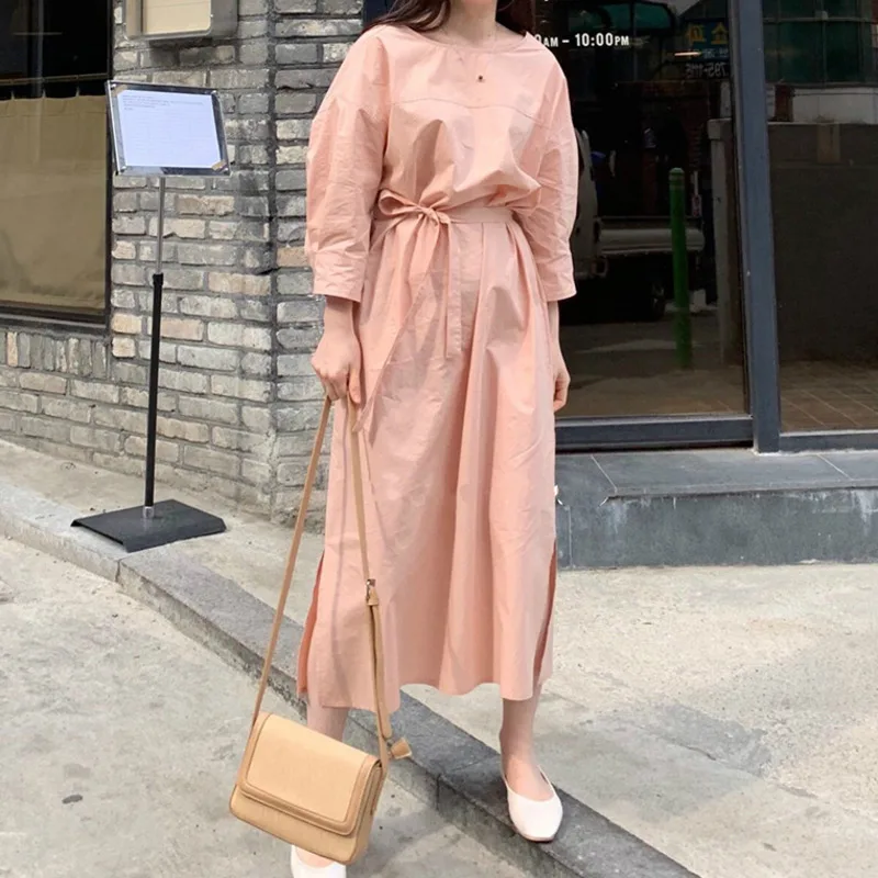 [EWQ] 2020 Summer New O Neck Three Quarter Sleeve Loose Dress Women Elegant Long Robe Korea Split Ladies Straight Dresses | Женская