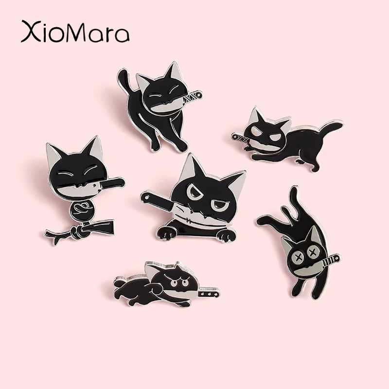 Broches noires Punk chats avec couteau en émail, broches tueur, Badges à revers, mignonnes, bijoux cadeaux pour amis, vente en gros