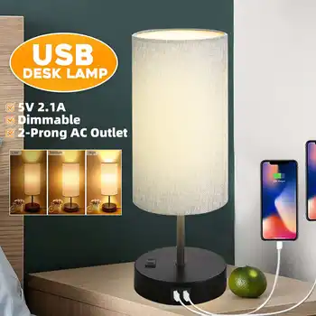 

Modern Table Lamp Nightstand Desk Lamp USB Bedside Light with Wood Base and Linen Shade for Living Room Office College Dorm