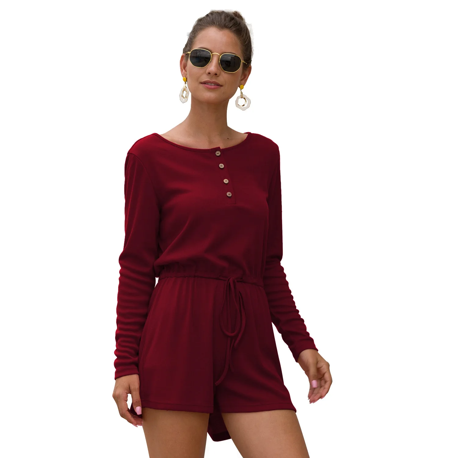 Autumn Women Knitted Jumpsuits Long Sleeve Casual Loose Short Jumpsuit Women Solid Lace Up Romper Lady Office Black Overall - Цвет: burgundy