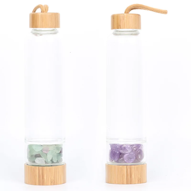

Soffe Natural Crystal Stone Glass Water Bottle 450ml Portable Creative Wooden Cover Health Healing Directly Drink Bottles