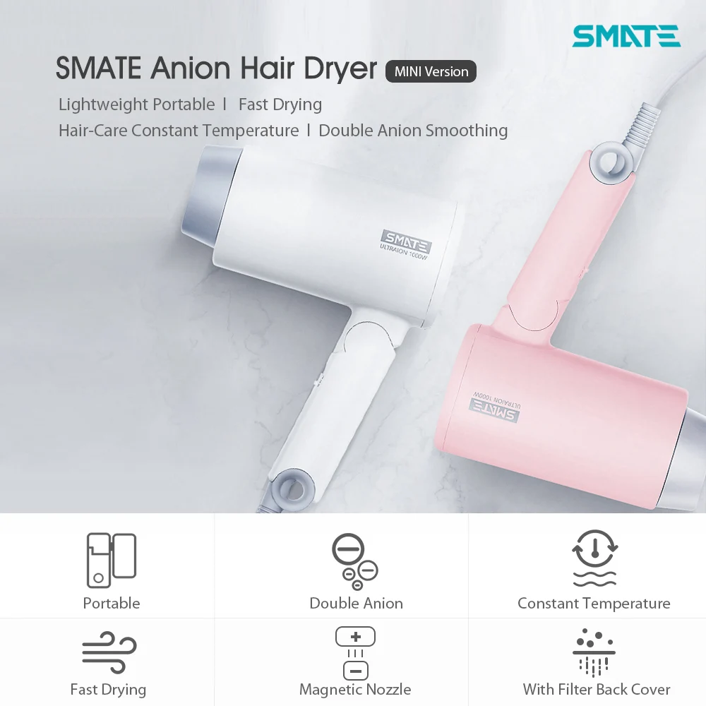 SMATE Анион Фен для волос Xiaomi Mijia мини отрицательный ион Уход за волосами Быстросохнущий портативный складной фен для путешествий фен для девочек