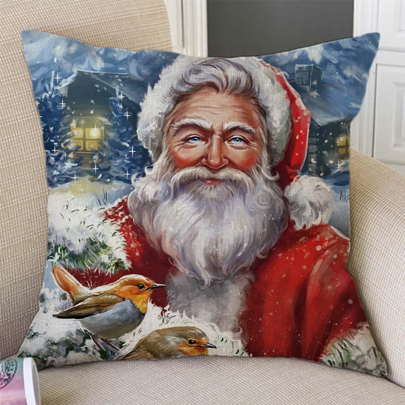 Christmas Style Pillow Case Linen Sofa Car Throw Santa Claus Print Cushion Cover 