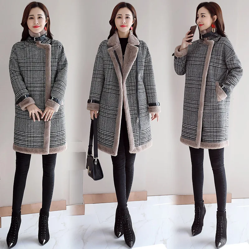 

CHIC Lambs Wool Coat Women's Mid-length Korean-style 2018 Winter New Style Thick plus Velvet Warm Plaid Overcoat