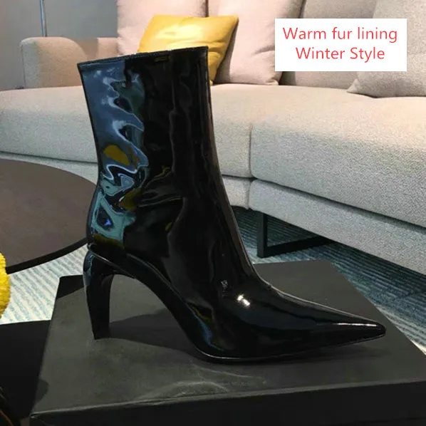 Black- Fur Lining Европа г., Новые осенне-зимние ботинки женские сапоги на высоком каблуке-шпильке белого и красного цвета с сеткой лакированные кожаные Ботинки martin с острым носком - Цвет: Black- Fur Lining
