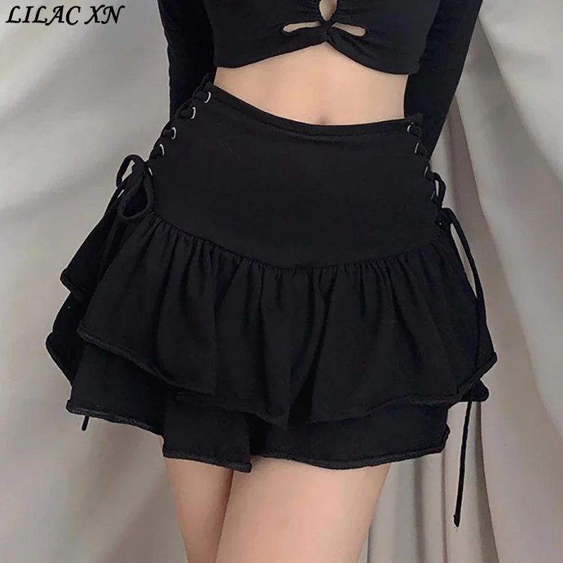 Sexy Harajuku Black Pleated Mini Skirts Y2K Kawaii Lacing High-waisted Short Skirt Gothic Streetwear Women Clothing 2021 New