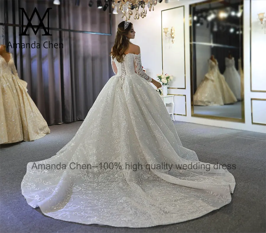 Abendkleid с открытыми плечами с длинным рукавом Кружева свадебное платье