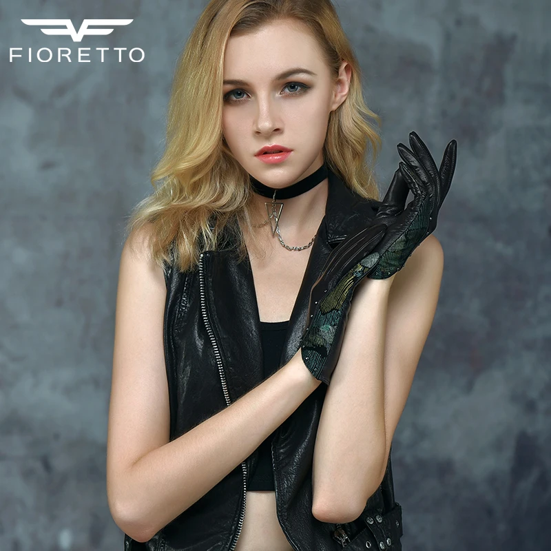Fioretto Модные женские перчатки с сенсорным экраном для вождения, мотоциклетные кожаные перчатки, черный дизайн в стиле пэчворк