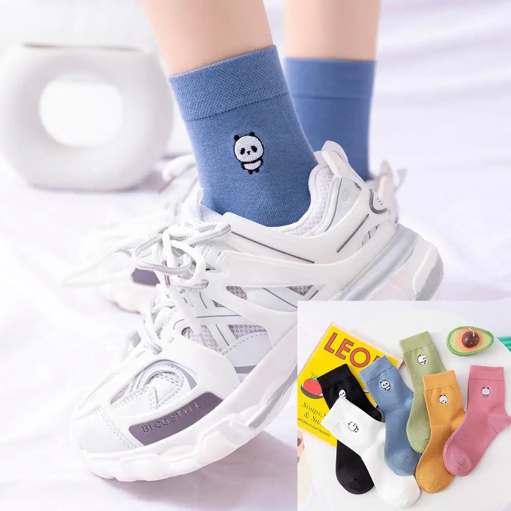 

1Pair Woman Cotton Crew Sock Autumn Winter White Green Fashion Casual Cute Cartoon Animal Panda Embroidered Chic Tube Ankle Sox
