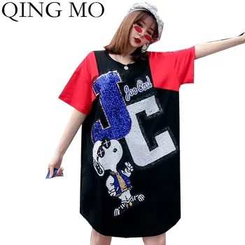 

QING MO Black Women Letter Dequin Dress 2020 Summer Women Cartoon Printed Dress Female Patchwork Color Dress ZQY3429