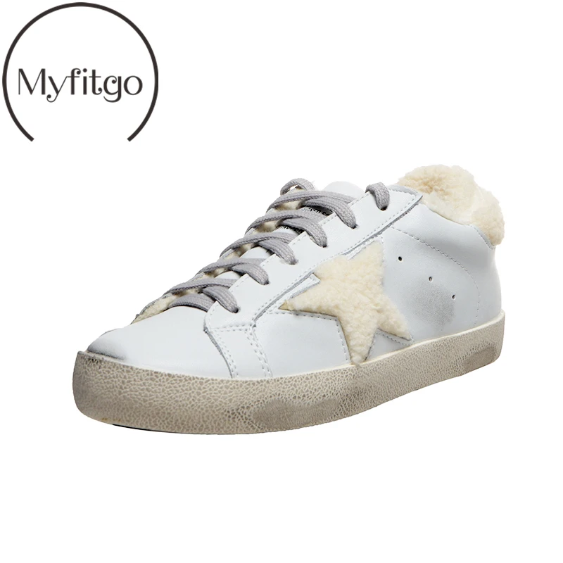 

Myfitgo White Dirty Shoes for Women Vulcanized Shoes Winter Warm Furry Ladies Casual Shoes Flat Lace up Star Sneakers Female