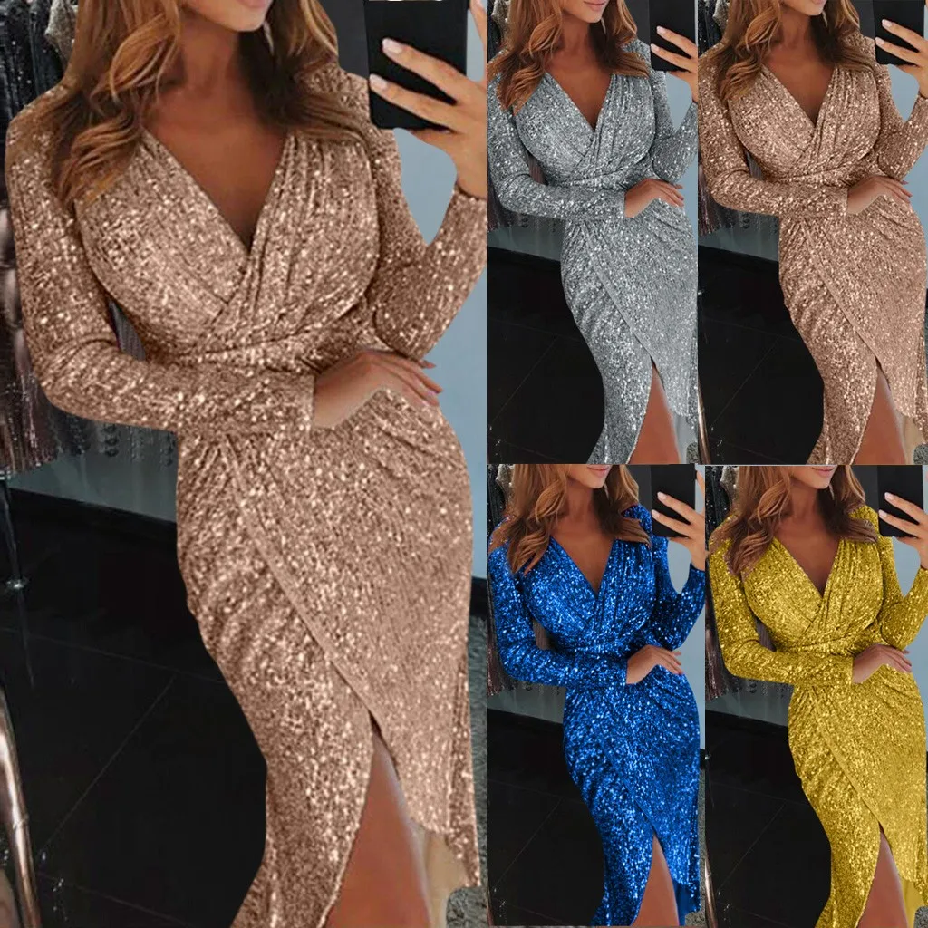 Vestidos, платье размера плюс, женское, сексуальное, глубокий v-образный вырез, с блестками, с рюшами, с длинным рукавом, официальное, зимнее платье для ночного клуба, зимнее платье, ropa