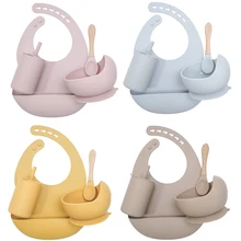 Dropshipping Baby Feeding Set Food Grade BPA Free Silicone Bibs Baby Plate Non-silp Suction Bowl Kids Tableware Baby Bib Bowl