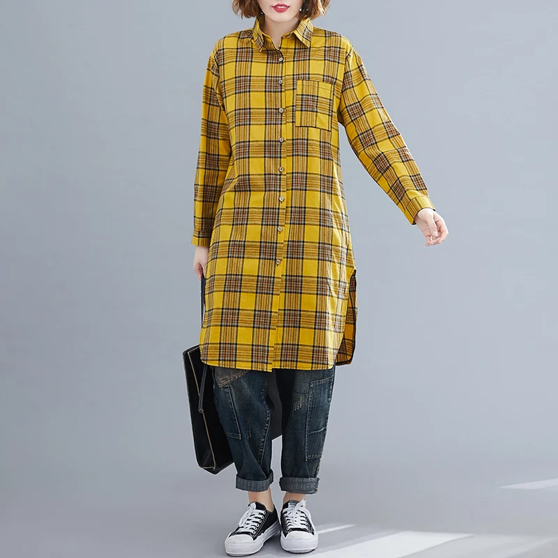  2019 New Autumn Women Shirts Full Sleeve Loose Plaid In A Long Trench Blouse Shirt Red Green Yellow