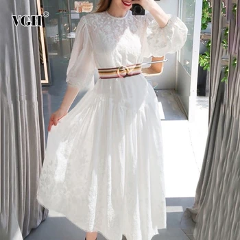 

VGH Embroidery Dress For Women O Neck Lantern Three Quarter Sleeve High Waist Lace Up Ruched Dresses Female 2020 Spring New Tide