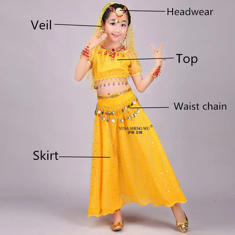 Yellow 5pcs Детский костюм для танца живота, Болливуд, восточное платье для танца живота, комплект, индийский Египетский топ, юбка, Одежда для танцев для девочек, новинка, 8 шт - Цвет: Yellow 5pcs