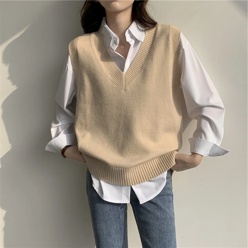 

Autumn And Winter 2020 New Style Fried Street Style Women's Retro Vest Western Style Solid Color Vest V-Neck Khaki Black Vintage