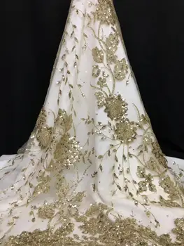 

gold color nigerian fashion style with glued gilitter african net lace fabric JOY-22627 women tulle lace for wedding party dress