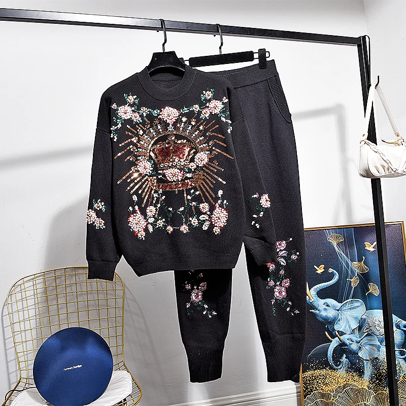 

Black Knitted Tracksuit Set Women Sequins Embroidery Knitting Sweater Pants Two Piece Outfits Female Loose Sports Knit Suit 2pc