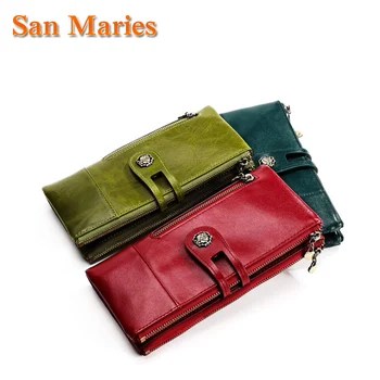 

San Maries Women Genuine Leather Wallets Bifold RFID Wallet Female 2 Zippers Poucht Long Phone Walet Portomonee Clamp For Money