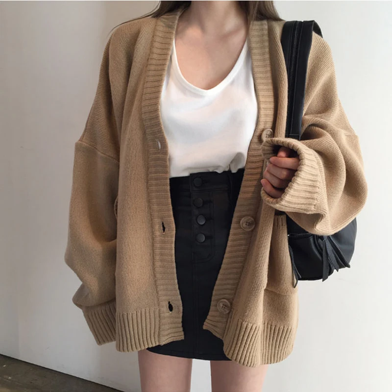 

2019 Women V neck Solid Loose Knitwear Sweater Single Breasted Casual Knit Cardigan Outwear Winter Jacket Coat