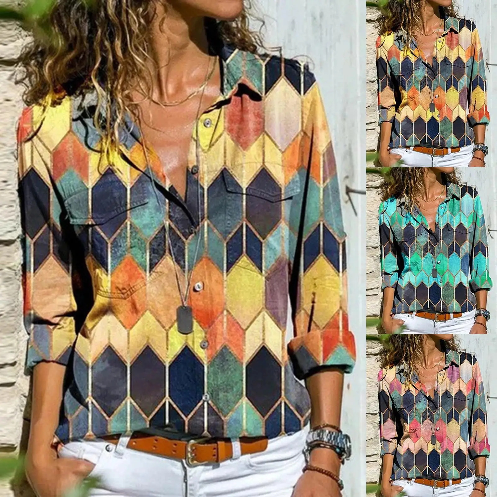 Women Blouses Beach Loose Blouse printing Shirt Women Long Sleeve Turn Down Collar Hexagon Print Buttons Shirt Loose Blouse blouses & shirts