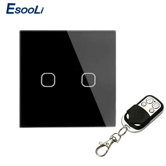 

Esooli EU/UK Standard 2 Gang 1 Way remote control switch, AC 170~240V Wall Light Remote Touch Switch With Mini Remote Controller