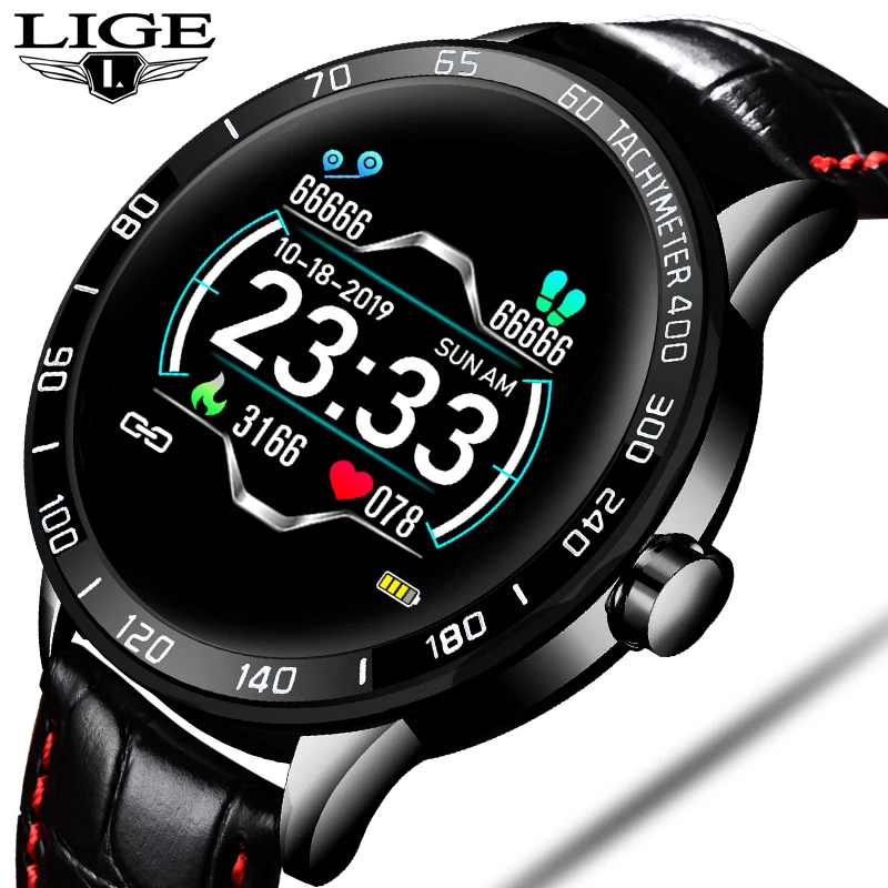 

LIGE 2019 New leather smart watch men leather smart watch sport For iPhone Heart rate blood pressure Fitness tracker smartwatch