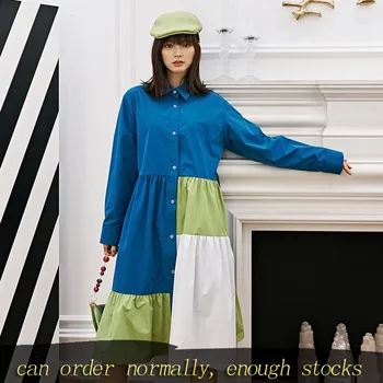 

LANMREM can ship hit Color patchwork shirt style dresses for famale 2020 spring new Irregular design Loose women clothes YH934