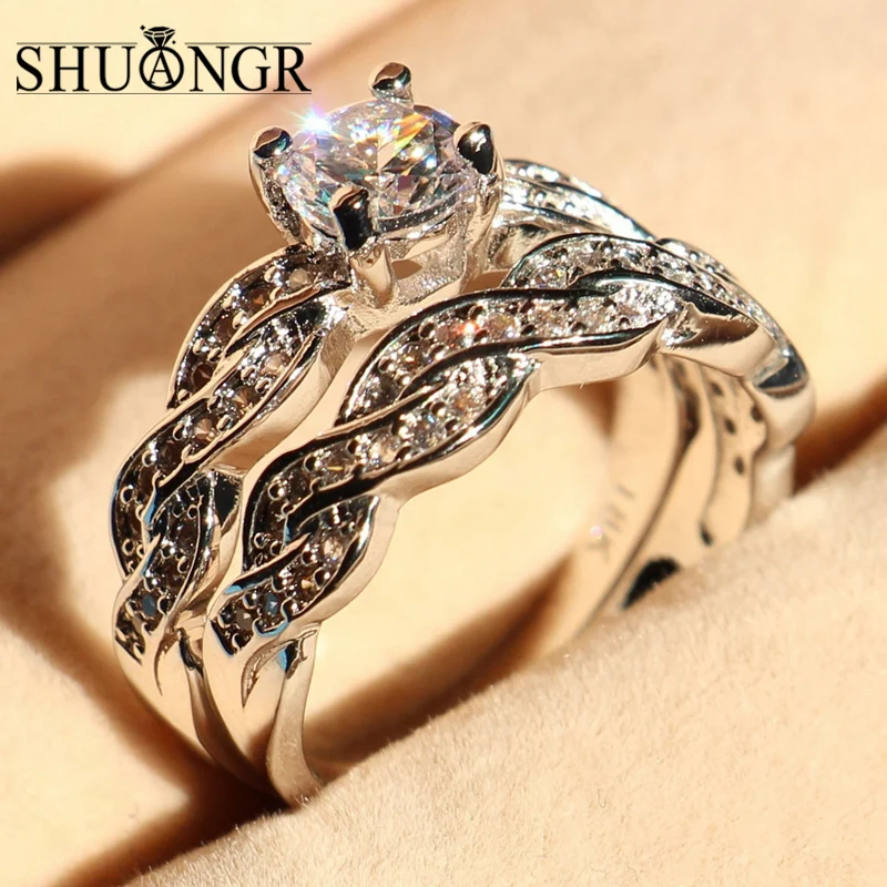 

SHUANGR Luxury Shiny AAA Zircon Ring Set for Women Fashion Winding Engagement Wedding Rings Set Finger Jewelry Gift Size 5-12