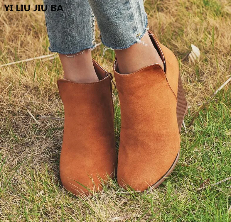 

Autumn Winter women Ankle Martin boots shoes Suede women mid heels Wedge platform zipper warm Snow boots women botas mujer G539