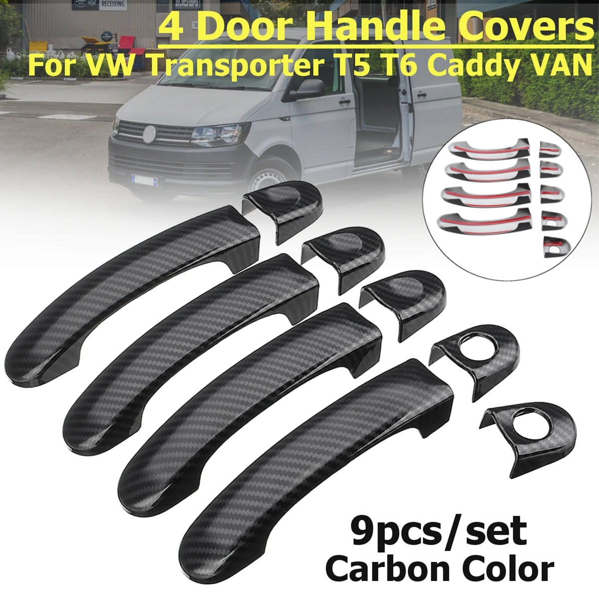 9 Pezzi Set Di Coperture Per Maniglie Delle Portiere In Fibra Di Carbonio Abs Per Vw Transporter Per T5 2003-2015 Per T6 2015-Up Per Caddy Van 2004-20