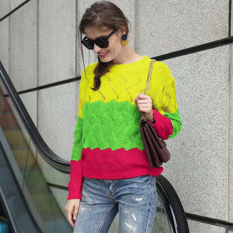 

Women Knitted Sweater Color Block Stripes Dropped Shoulder Hollow Out Long Sleeve Ribbed Casual Streetwear