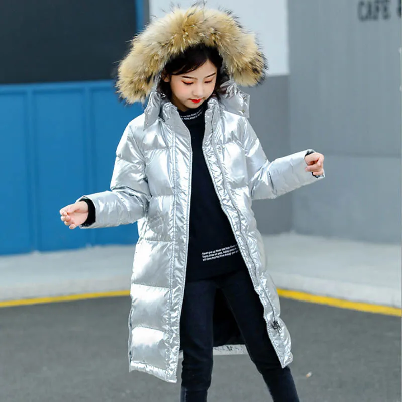 IYEAL/Детский пуховик для девочек; тонкие детские стеганые парки; длинное пальто с капюшоном и натуральным мехом; ветрозащитные куртки; пальто; новая зимняя коллекция - Цвет: Серебристый