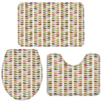 

3 Pieces Bathroom Set Simple Geometric Colorful Leaves Bath Set Toilet Cover Mat Pedestal Rug Non-Slip Bathroom Rug Set