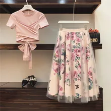 Camiseta Irregular de alta calidad para mujer + faldas de malla, trajes con lazo, Tops sólidos, conjuntos de falda Floral Vintage, Conjunto elegante de dos piezas para mujer