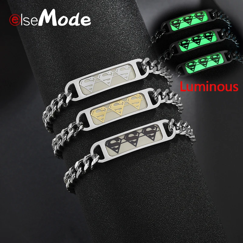 ELSEMODE модный 3 цвета светящийся браслет Супермен из нержавеющей стали светящийся браслет для женщин мужчин Ювелирное Украшение на день рождения