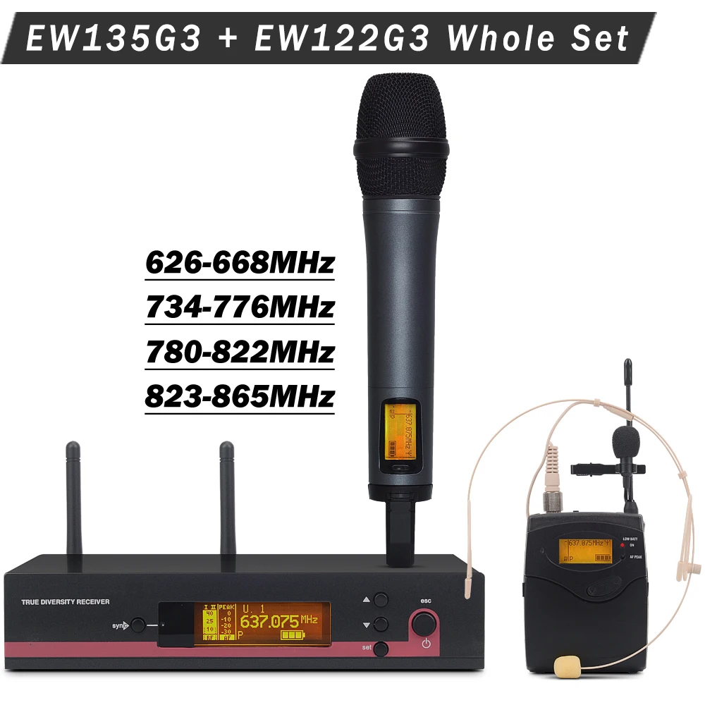 

EW 135G3 UHF Wireless Microphone Karaoke System With EW 122 g3 BodyPack Handheld Transmitter Headset Lavalier Tie Clip Mic