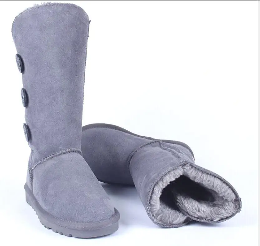 grey button Women snow boots new winter genuine leather mid calf boots warm plush boots non-slip women leather boots Woman Botas Mujer - Цвет: grey button