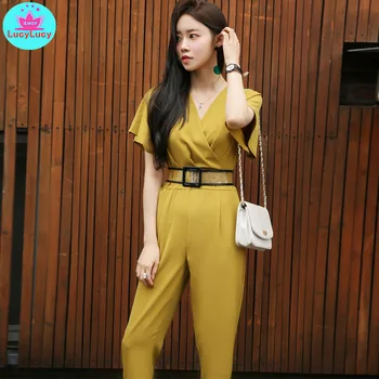 

2019 summer new temperament was thin V-neck fashion nine points small feet jumpsuit Polyester Jumpsuits