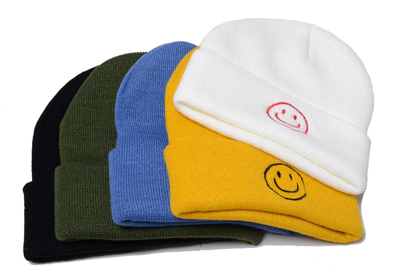 Smiley face Beanie женские и мужские хлопковые шапки-бини, одноцветная хип-хоп Skullies, зимние трикотажные изделия, вязаная шапка унисекс