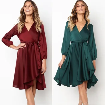 

Women's autumn and winter new solid color V-Neck long sleeve lace up mid length dress