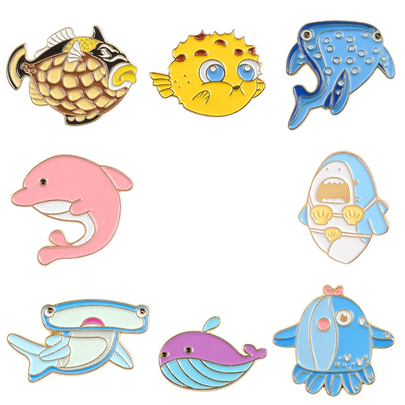 1 Set of 8 Pcs Cartoon Cute Lapel Pin Marine Life Shark Whale Dolphin Denim Jacket Buckle Shirt Badge Gift |