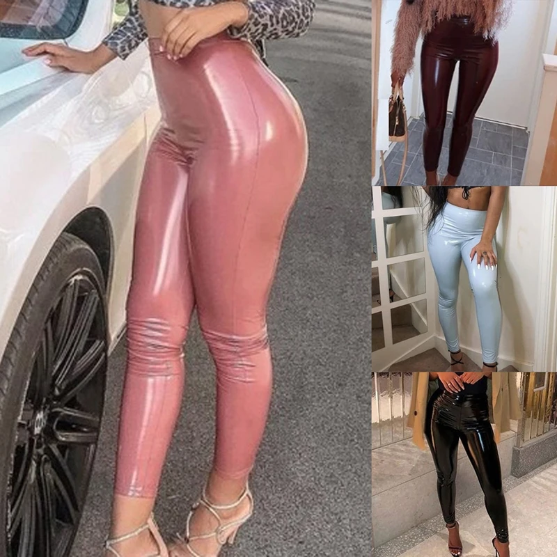 Женские леггинсы из искусственной кожи, обтягивающие эластичные женские леггинсы с высокой талией, обтягивающие штаны из искусственной кожи для фитнеса, сексуальные леггинсы