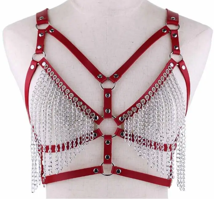 red Сексуальные ремни из искусственной кожи, женские кисточки, цепочка-пояс на талию, связывание, клетка для отдыха, тело, грудь, женские ремни-подтяжки, аксессуары - Цвет: red