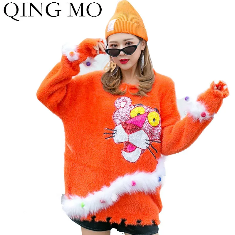 QING MO, оранжевый, синий, Женский пуловер, свитер,, женский, Розовая пантера, свитер с блестками, Женский нестандартный свитер, ZQY2251